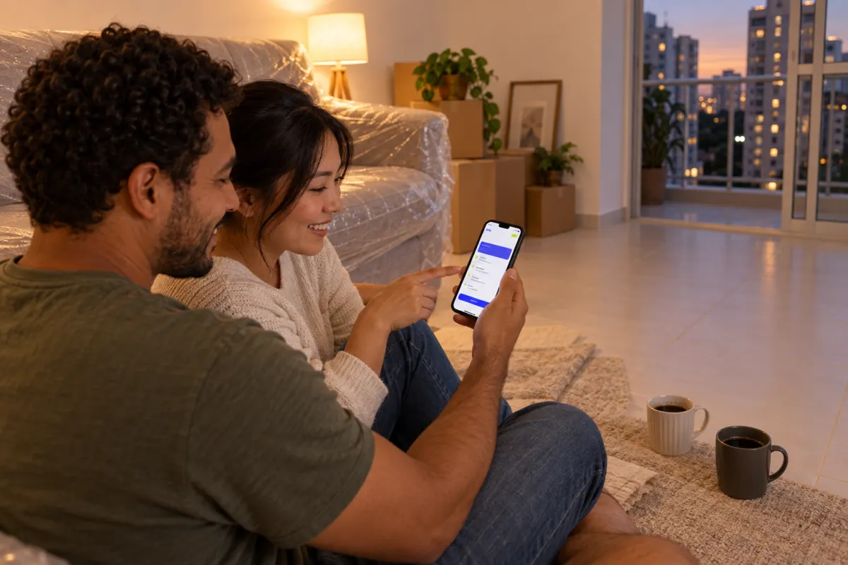 Casal confirma no celular a próxima etapa da obra e o pagamento.
